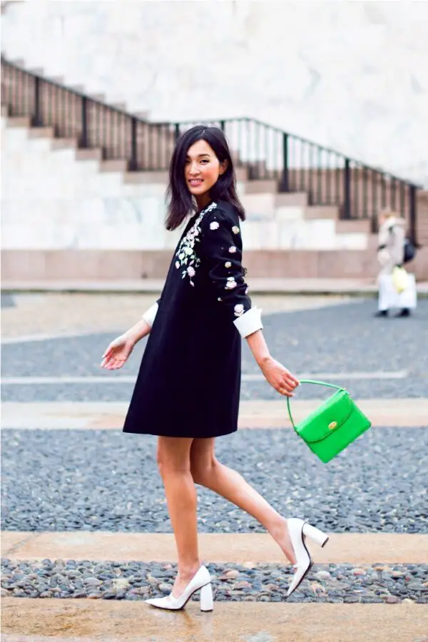 3-white-block-heeled-pumps-with-green-bag-and-dress