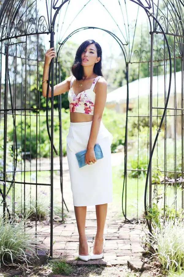3-white-shoes-with-white-skirt-and-floral-bandeau-top