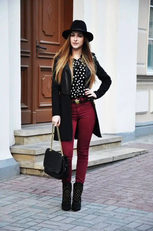4-polka-dots-top-with-burgundy-pants-and-blazer