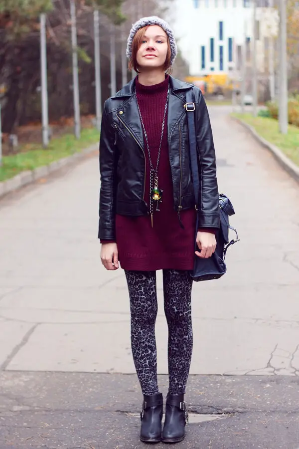 5-burgundy-dress-woth-printed-pants-and-leather-jacket
