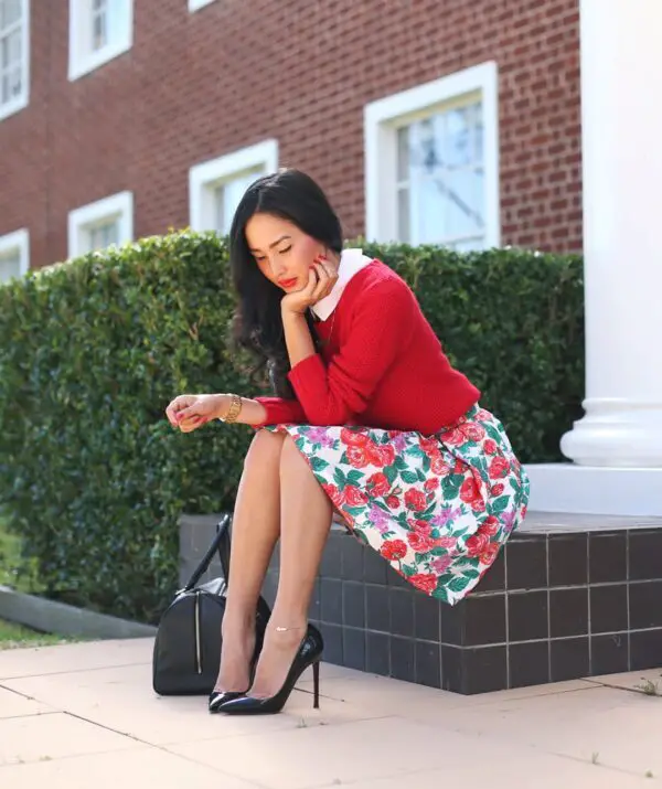 5-floral-skirt-with-red-sweater