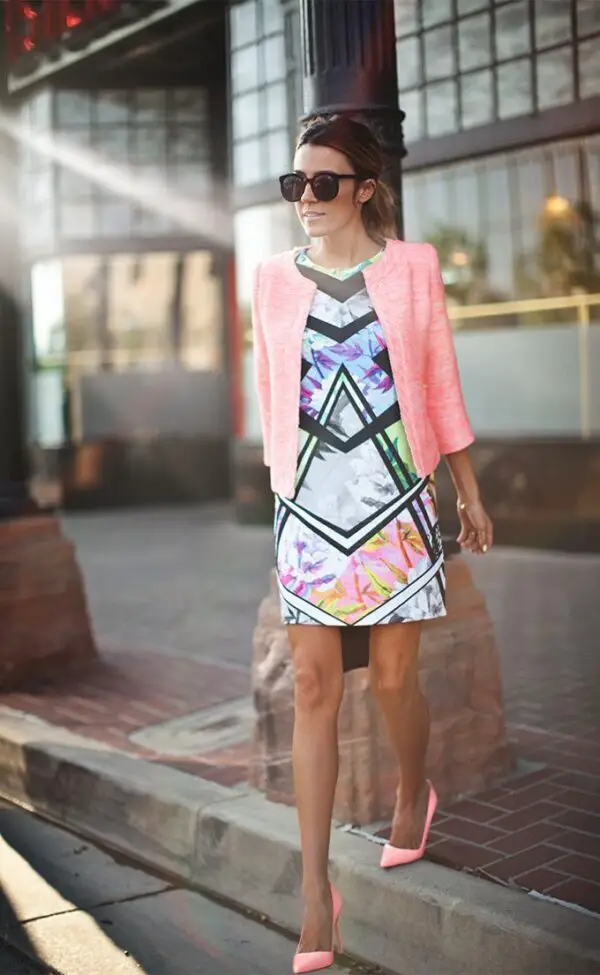 5-pink-jacket-with-abstract-dress-and-pink-pumps