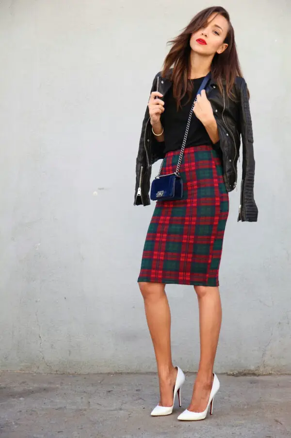 5-white-pumps-with-tartan-skirt-and-leather-jacket