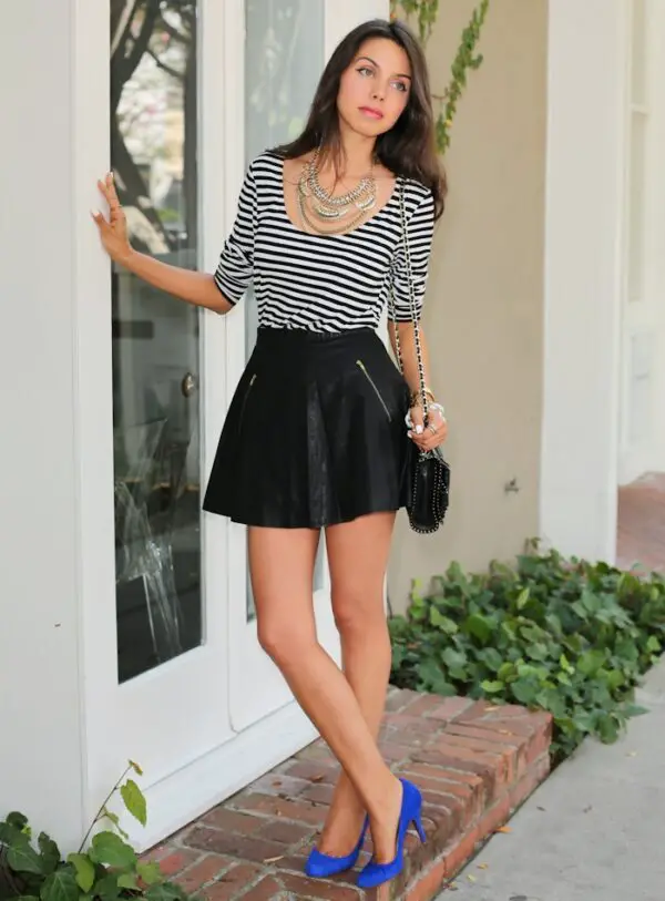 6-striped-top-with-leather-skirt-and-blue-pumps