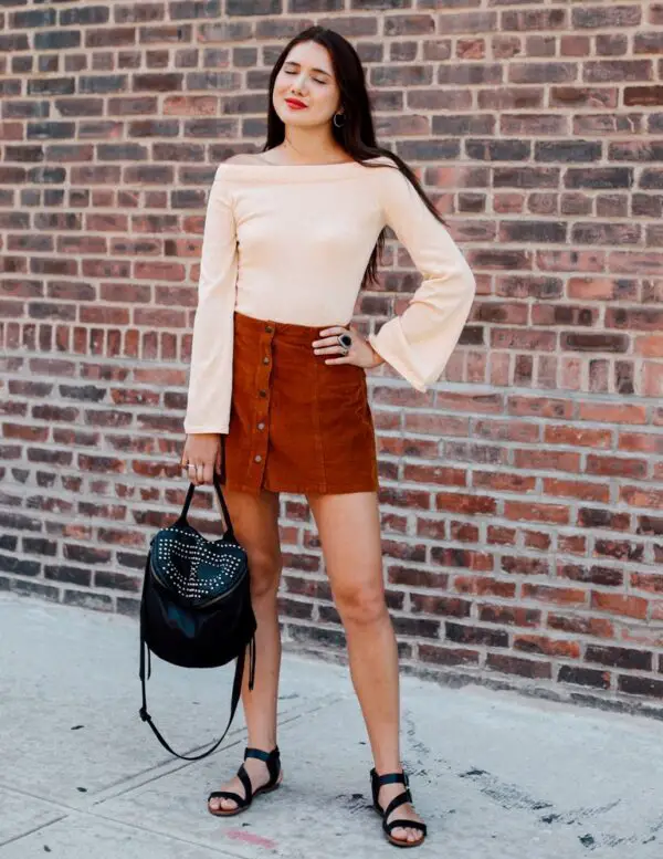 6-suede-button-front-skirt-with-bell-sleeved-off-shoulder-top