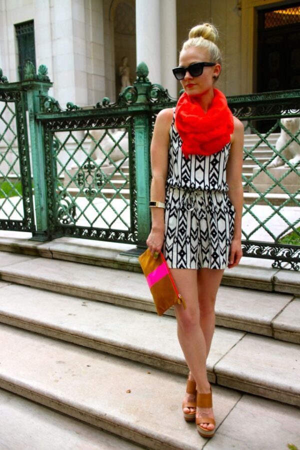 black-and-white-dress-and-red-scarf