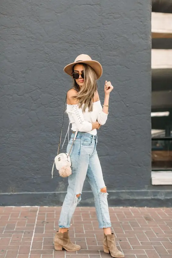 distressed-jeans-ripped-knees-off-shoulder-top-chic-look