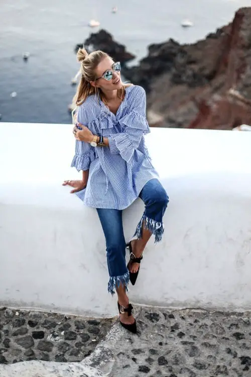 girly-ruffle-top-and-denim-frayed-pants