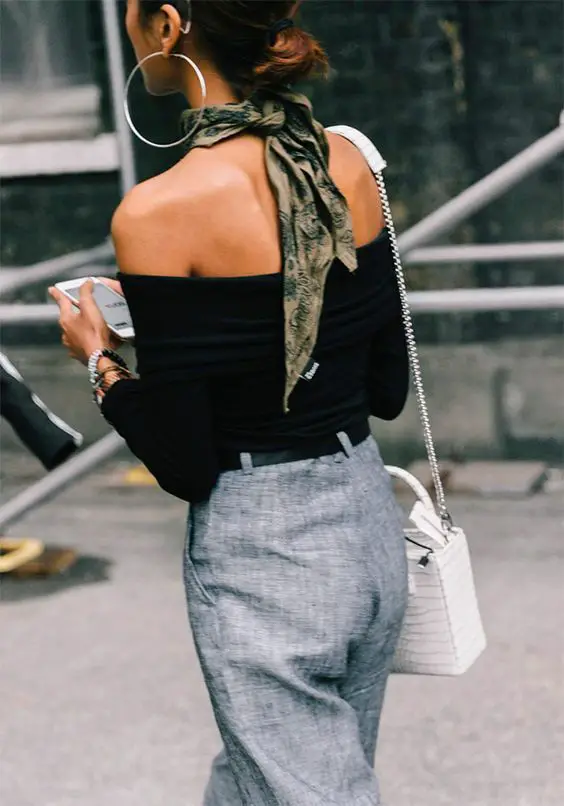 open-shoulder-top-with-scarf-and-grey-pants