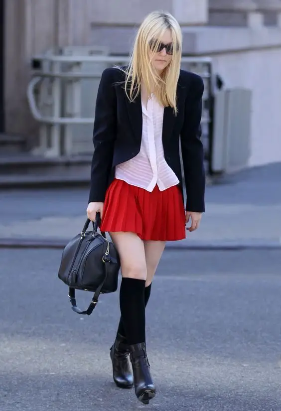 socks-and-red-miniskirt-outfit-with-blazer
