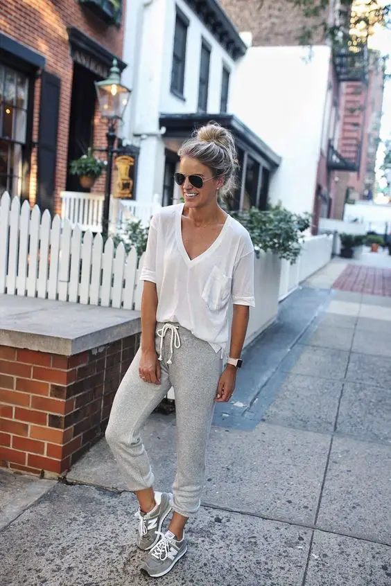 sporty-casual-outfit-grey-pants-and-white-tee
