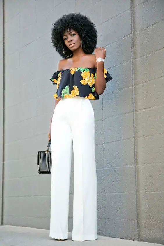 white-pants-and-colorful-off-shoulder-top