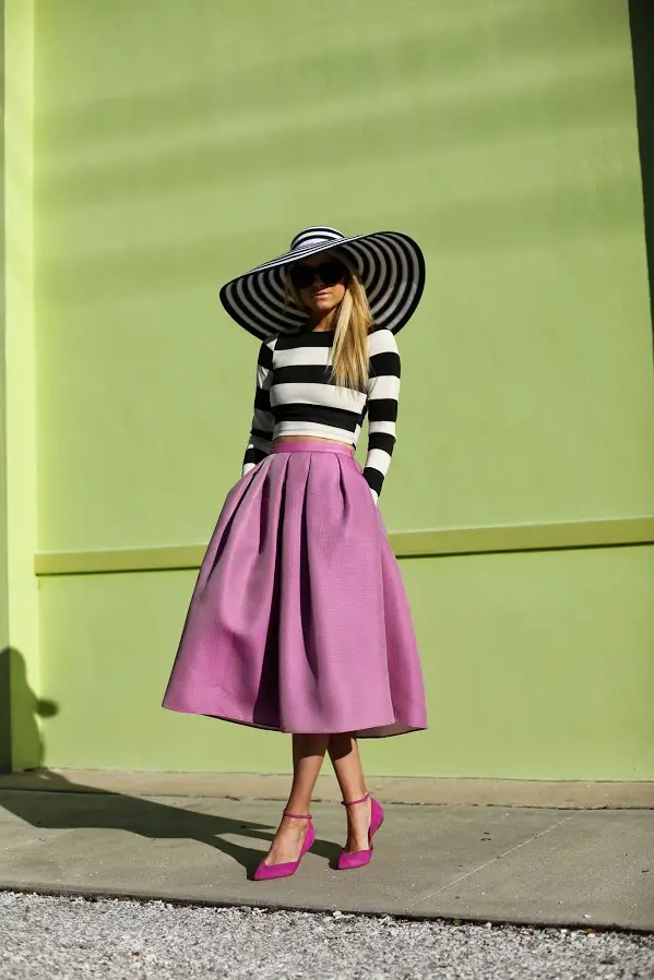 striped floppy hat with fitted top and full skirt